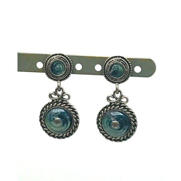 Vintage-Inspired Silver Drop Earrings With Blue Enamel Swirl Accents - Picture 2 of 7